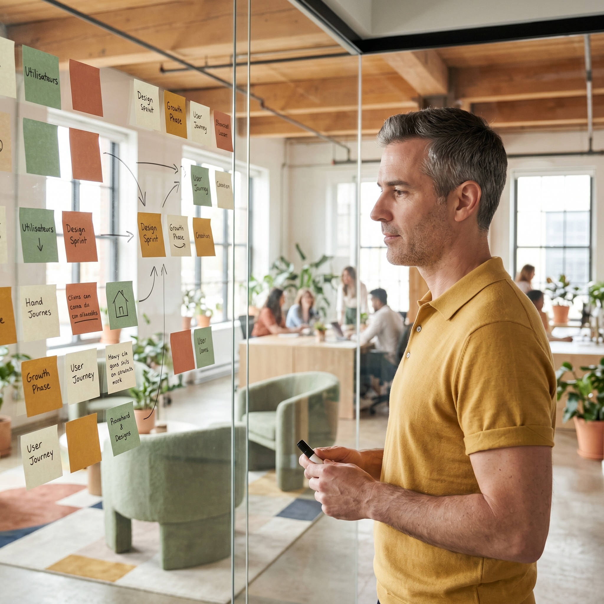 Dirigeant face à un mur de Post-its dans un espace startup