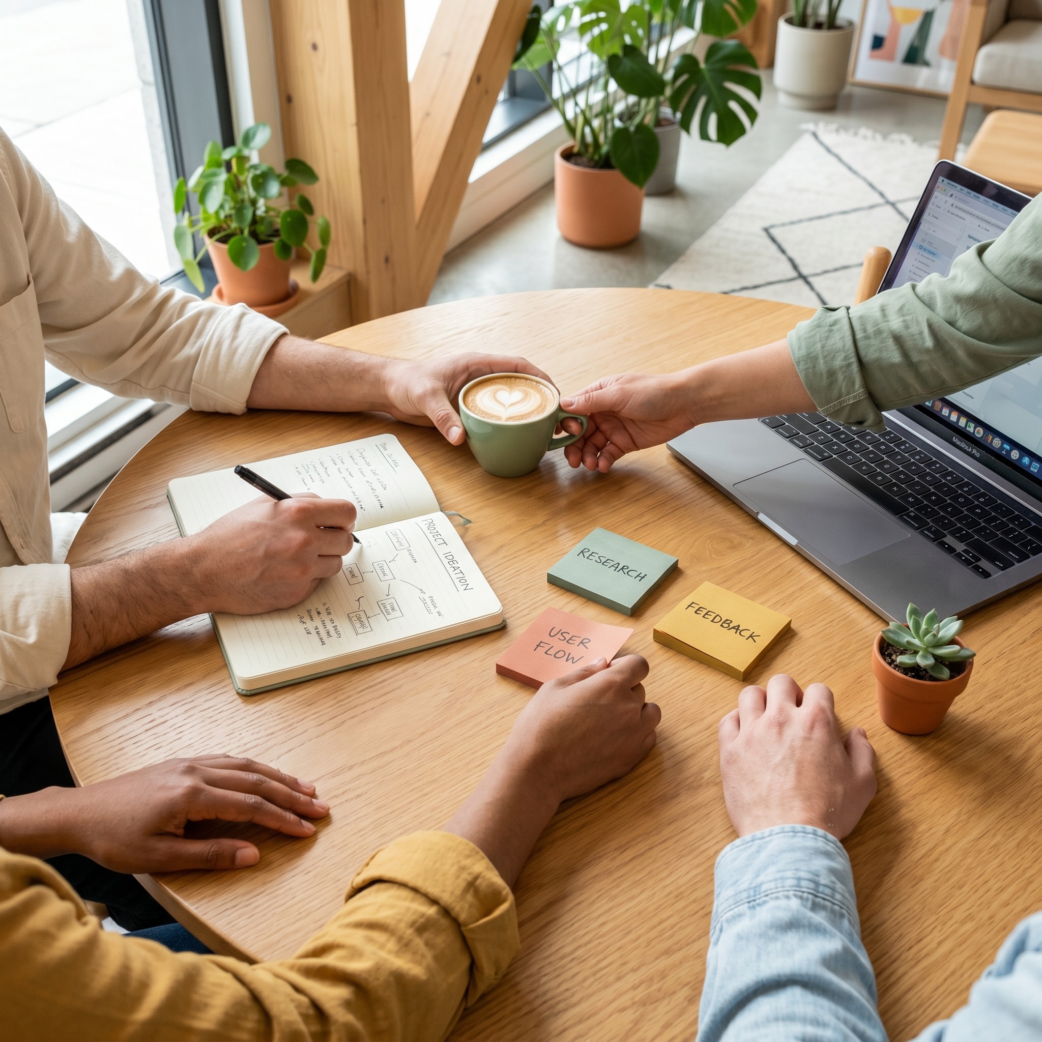 Mains réunies autour d'une table de travail collaborative