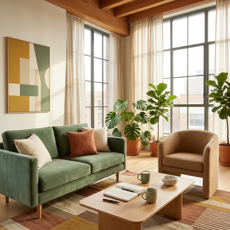 Salon de coworking du Cercle — canapé sage, plantes et art moderne