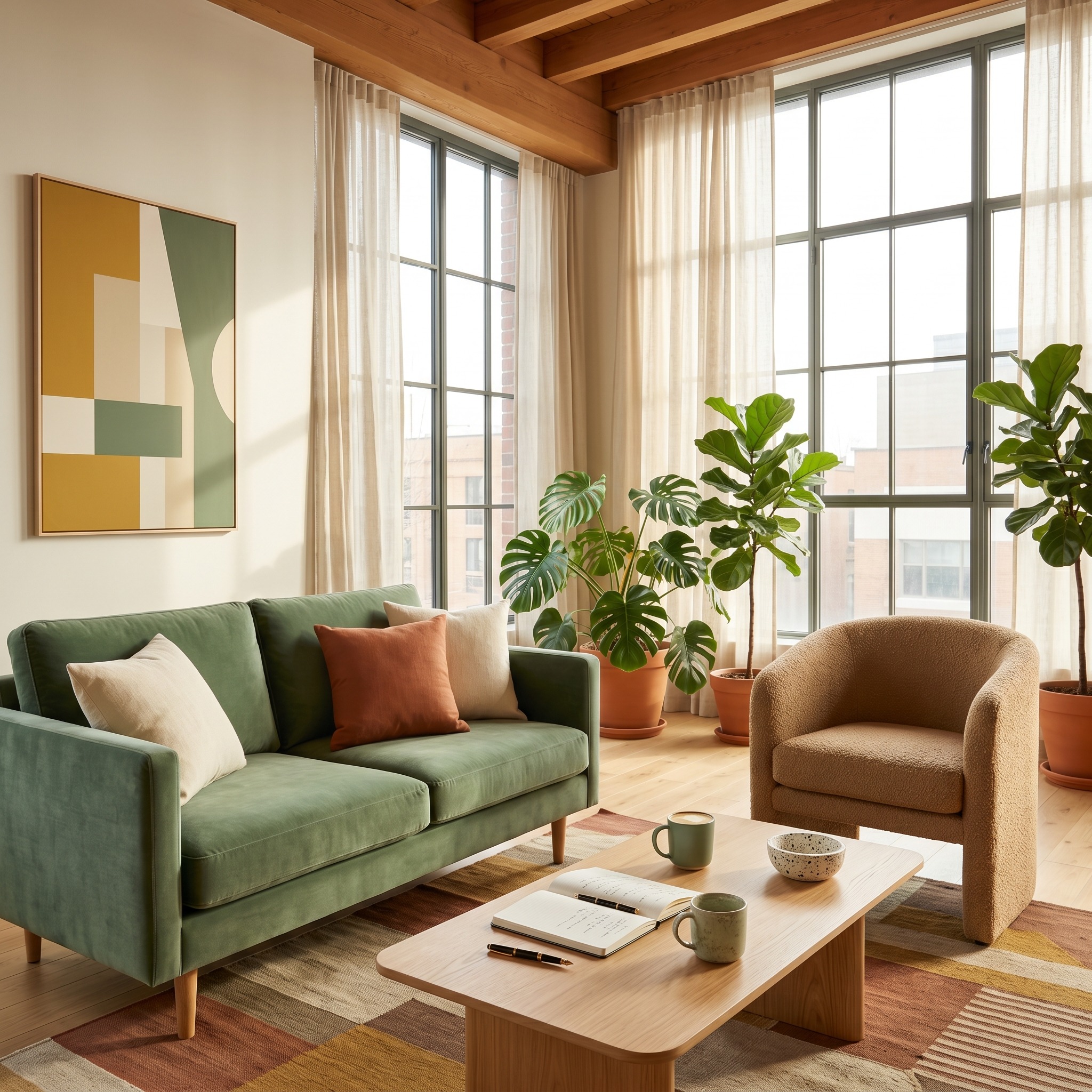 Salon de coworking du Cercle — canapé sage, plantes et art moderne
